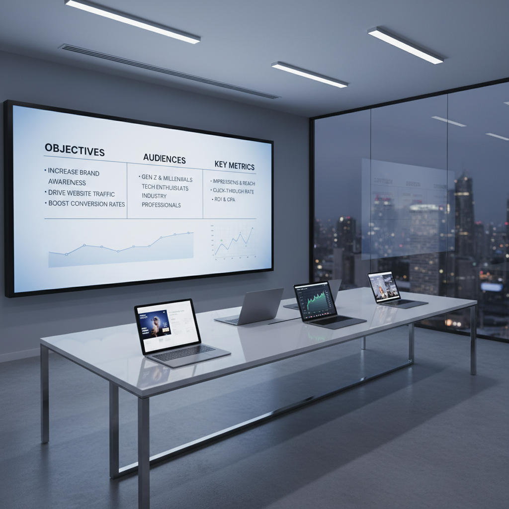 A large wall-mounted digital screen in a modern conference room displaying a polished social media strategy roadmap, with neatly organized columns labeled objectives, audiences, and key metrics in refined typography. Below, a long white conference table features a few open tablets showing ad campaign mockups and performance graphs. The room is constructed in cool neutral tones with smooth concrete flooring and floor-to-ceiling glass walls revealing a softly blurred city skyline. Overhead recessed lighting provides even, soft illumination, creating subtle reflections on glass and metal surfaces. Captured from a slightly elevated angle with strong leading lines, the composition feels structured and precise. The atmosphere is calm, strategic, and corporate, emphasizing organization and clarity in a photographic, contemporary style that conveys high-level digital marketing planning without any human presence.