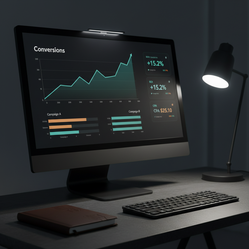 A dark, large-format monitor on a minimalist desk displaying a sophisticated digital advertising dashboard, with a bold central line graph tracking conversions over time, bar charts comparing campaign performance, and KPI tiles glowing in subtle accent colors of teal and amber. The monitor’s bezel is thin and matte, sitting on a clean, textured charcoal desk surface alongside a compact wireless keyboard and a closed leather-bound notebook. A single desk lamp with a cylindrical shade provides focused, cool white light from the right, creating crisp highlights along the edges of the monitor and keyboard while the background recedes into soft shadow. Photographed at a three-quarter angle with sharp focus throughout, the composition emphasizes clarity and precision. The mood is intensely focused and results-driven, rendered in photographic realism with a modern corporate aesthetic that underscores data-centric digital advertising strategy.